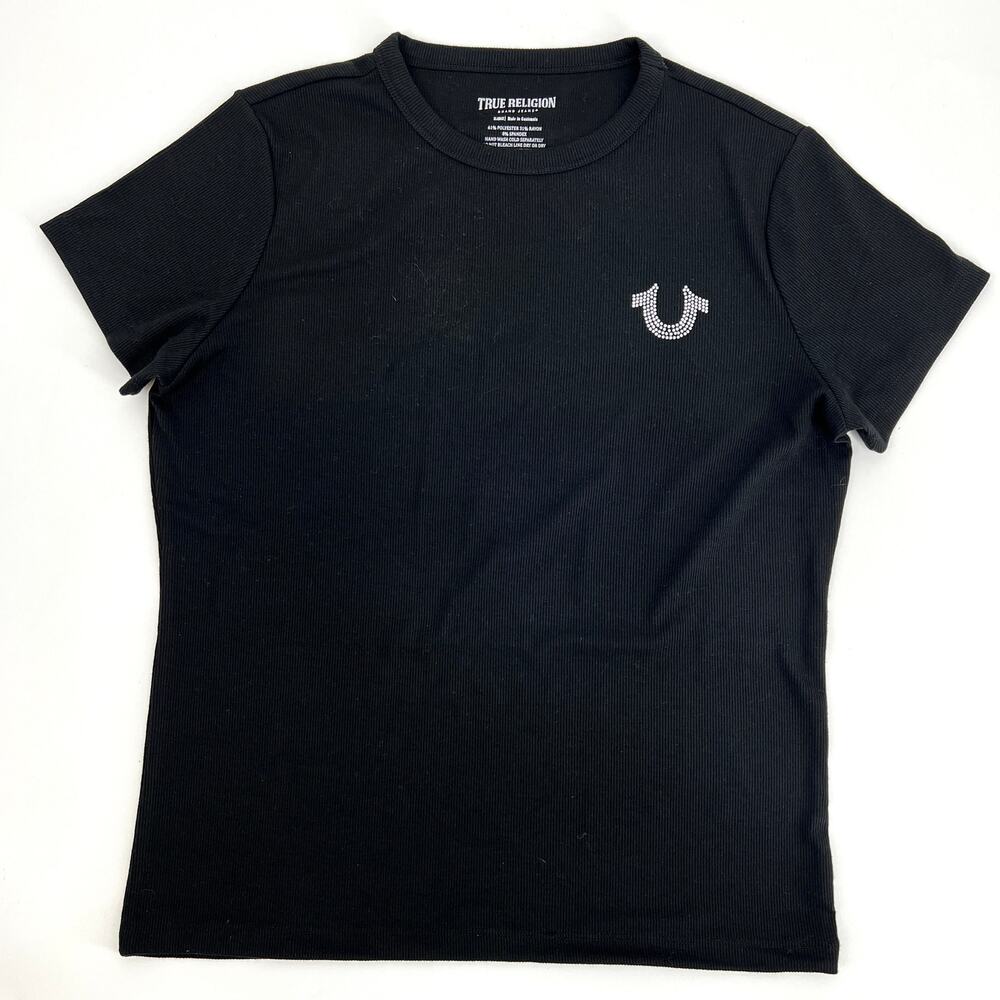 True Religion Womens Black T Shirt Rhinestones Double Sided Size XL Preowned